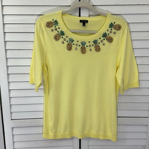 Talbots Sweater Size Medium Yellow Pineapple Hand Beaded NWOT - Picture 3 of 10